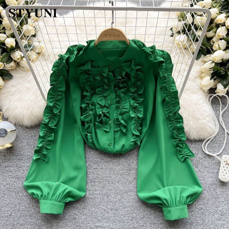 Francia Vintage Fungus Edge Háromdimenziós dekoráció Női blúz ing Lámpás ujjú Egysoros blúzok 2023 tavasz