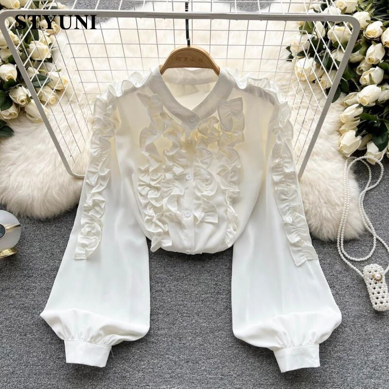 Francia Vintage Fungus Edge Háromdimenziós dekoráció Női blúz ing Lámpás ujjú Egysoros blúzok 2023 tavasz