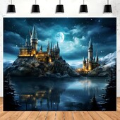 1 bucă fundal de fotografie cu castelul magic - Iluminați-vă lumea spiridușilor cu cerul nopții, luna și efectele fulgerului