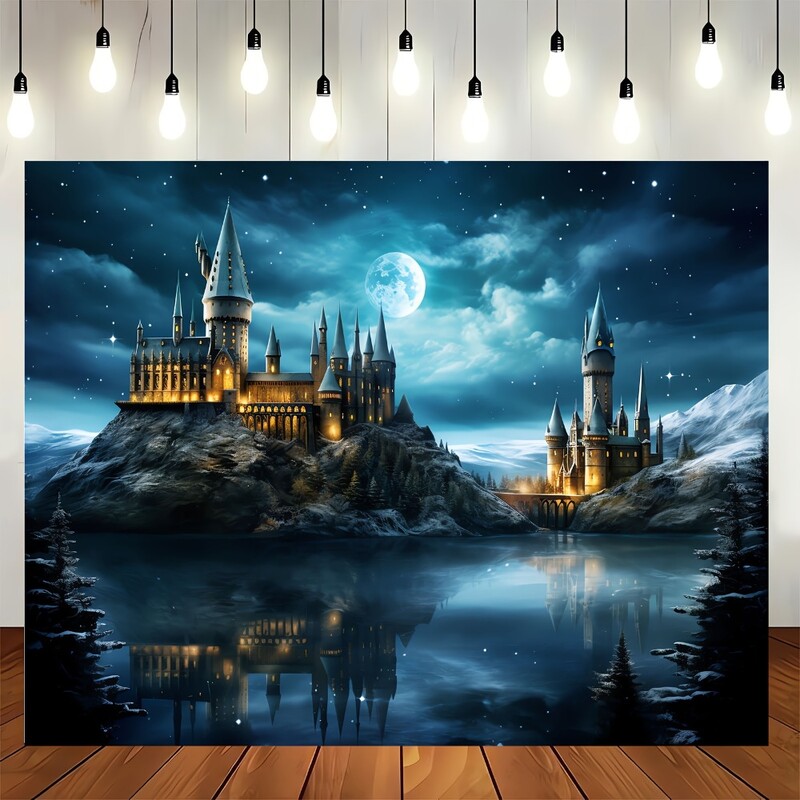 1 bucă fundal de fotografie cu castelul magic - Iluminați-vă lumea spiridușilor cu cerul nopții, luna și efectele fulgerului