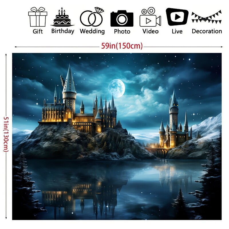 1 bucă fundal de fotografie cu castelul magic - Iluminați-vă lumea spiridușilor cu cerul nopții, luna și efectele fulgerului