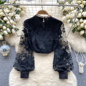 Vintažinė palaidinė moterims Tuščiaviduriai nėriniai permatomi ilgomis rankovėmis, stovintys ant apykaklė siauros palaidinės Universalios moteriškos palaidinės Dropshipping