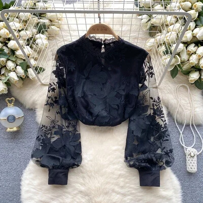 Vintažinė palaidinė moterims Tuščiaviduriai nėriniai permatomi ilgomis rankovėmis, stovintys ant apykaklė siauros palaidinės Universalios moteriškos palaidinės Dropshipping