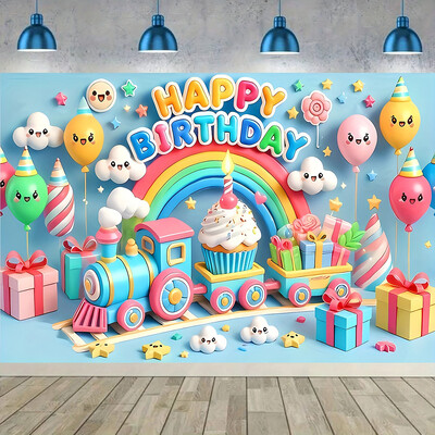 Happy Birthday Banner Background 1τμχ 3D Balloons and Rainbow Design Background Party for Celebration