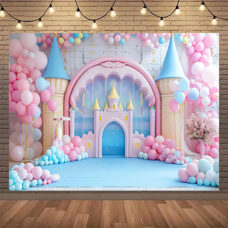 Pasaku pils un balonu fotografēšanas fons - daudzpusīgs poliesters dzimšanas dienām, kāzām, dušām un ballītēm