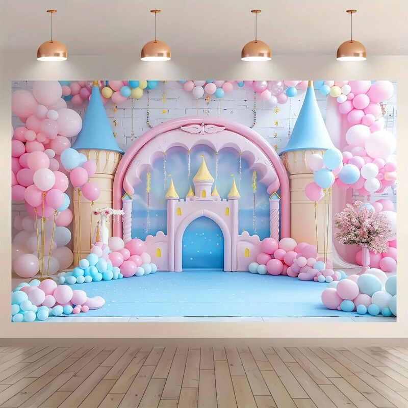 Pasaku pils un balonu fotografēšanas fons - daudzpusīgs poliesters dzimšanas dienām, kāzām, dušām un ballītēm