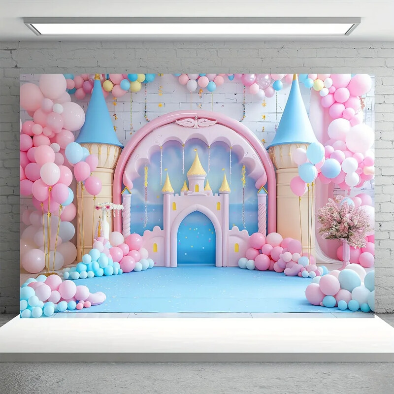 Pasaku pils un balonu fotografēšanas fons - daudzpusīgs poliesters dzimšanas dienām, kāzām, dušām un ballītēm