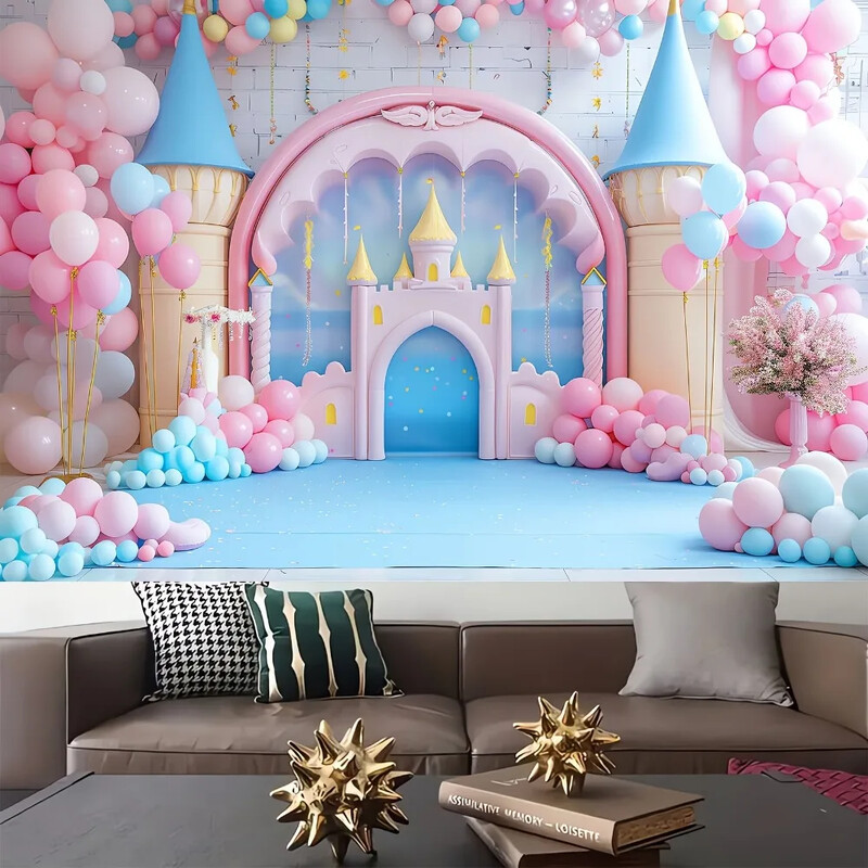 Pasaku pils un balonu fotografēšanas fons - daudzpusīgs poliesters dzimšanas dienām, kāzām, dušām un ballītēm