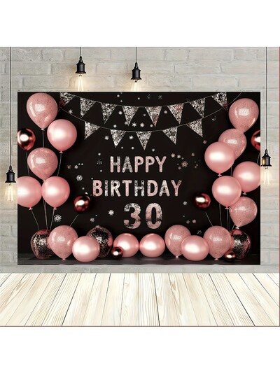 30. dzimšanas dienas svinību komplekts — rozā baloni un priecīgu reklāmkarogu fona dekorācijas ballītēm