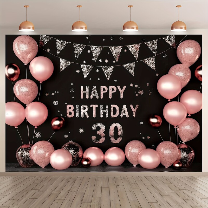 30. dzimšanas dienas svinību komplekts — rozā baloni un priecīgu reklāmkarogu fona dekorācijas ballītēm