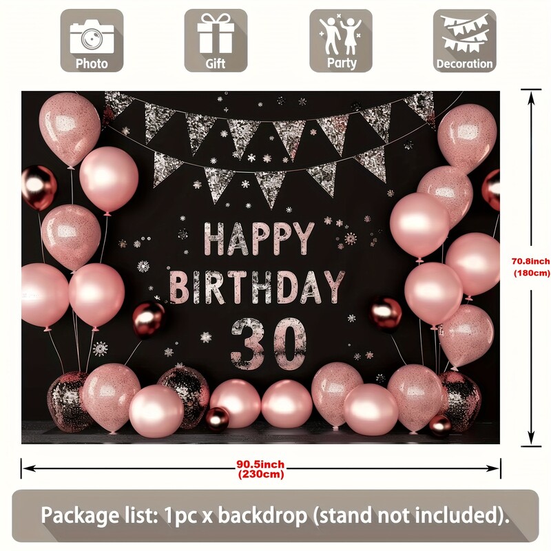 30. dzimšanas dienas svinību komplekts — rozā baloni un priecīgu reklāmkarogu fona dekorācijas ballītēm