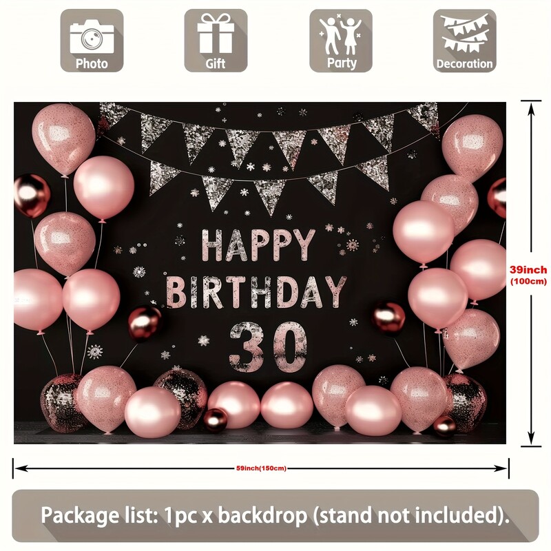 30. dzimšanas dienas svinību komplekts — rozā baloni un priecīgu reklāmkarogu fona dekorācijas ballītēm