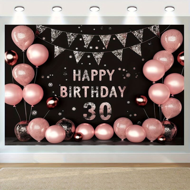 30. dzimšanas dienas svinību komplekts — rozā baloni un priecīgu reklāmkarogu fona dekorācijas ballītēm
