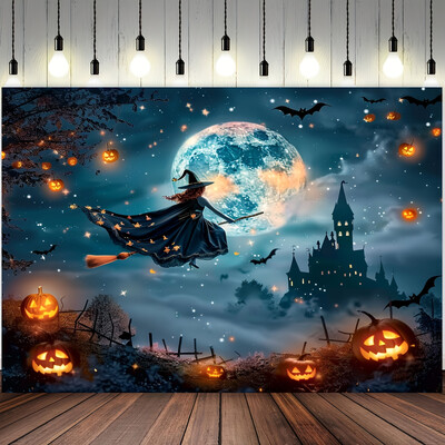 Fundal Ghost Full Moon Witch Jack-o `-Lantern - Rezistă pentru fotografie horror vibrantă, durabilă, reutilizabilă Ghost