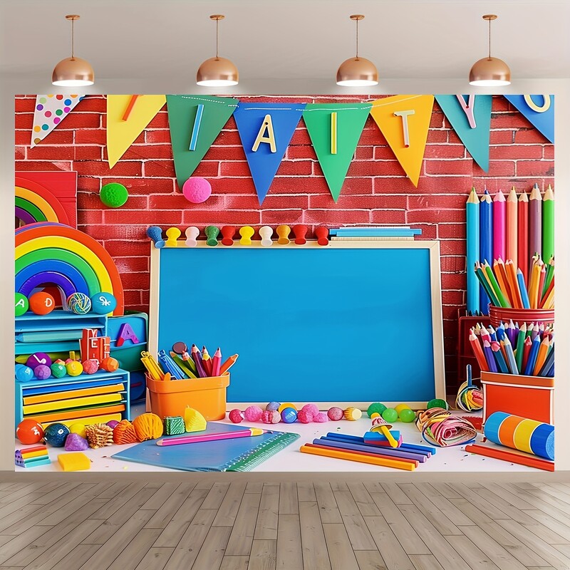 Üdvözöljük újra a School Party Banners - Színes zsírkréta témájú poliészter fényképezési háttér az osztálytermi és otthoni dekorációhoz