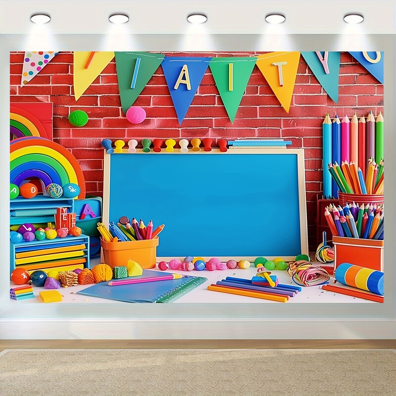 Üdvözöljük újra a School Party Banners - Színes zsírkréta témájú poliészter fényképezési háttér az osztálytermi és otthoni dekorációhoz