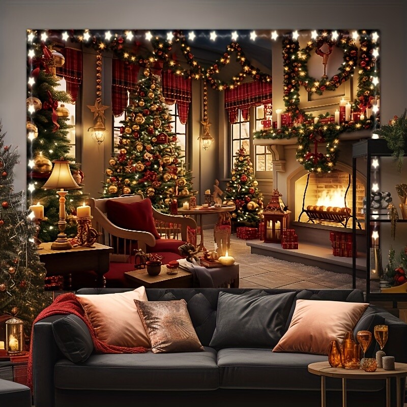 Ragyogó karácsonyi kárpitok – Fali dekorációk kandallóval, harisnyákkal és famintákkal a bulifotózás stúdiók kellékeihez