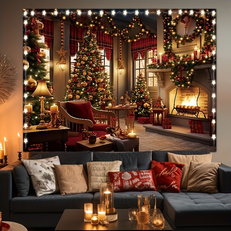 Ragyogó karácsonyi kárpitok – Fali dekorációk kandallóval, harisnyákkal és famintákkal a bulifotózás stúdiók kellékeihez