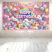 Születésnapi poliészter transzparens 1db - szivárvány és díszdoboz téma léggömbökkel - party háttér dekoráció az ünnepségre