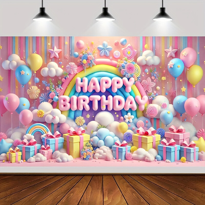 Születésnapi poliészter transzparens 1db - szivárvány és díszdoboz téma léggömbökkel - party háttér dekoráció az ünnepségre