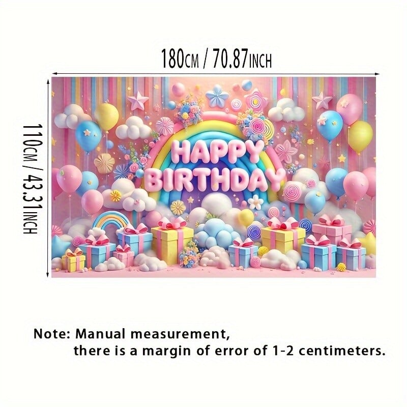 Születésnapi poliészter transzparens 1db - szivárvány és díszdoboz téma léggömbökkel - party háttér dekoráció az ünnepségre