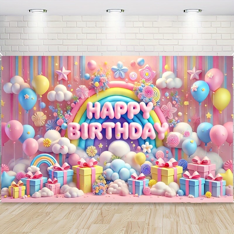 Születésnapi poliészter transzparens 1db - szivárvány és díszdoboz téma léggömbökkel - party háttér dekoráció az ünnepségre