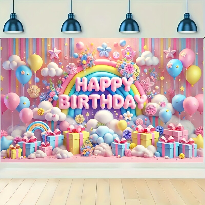 Születésnapi poliészter transzparens 1db - szivárvány és díszdoboz téma léggömbökkel - party háttér dekoráció az ünnepségre