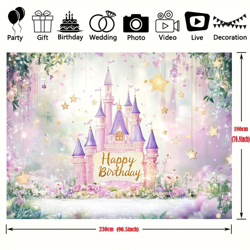 Φόντο πάρτι γενεθλίων Princess Castle - πολύχρωμη ακουαρέλα και παστέλ σχέδιο ουράνιου τόξου με λουλουδένιες πινελιές