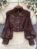 SINGREINY Elegáns Senior Blúz Női Álló Gallér Lámpás Ujj Gombok Vágott Elegáns Ingek Őszi hálós divatos felsők