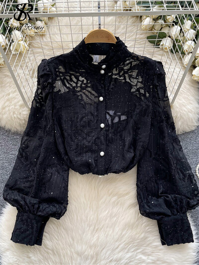 SINGREINY Elegáns Senior Blúz Női Álló Gallér Lámpás Ujj Gombok Vágott Elegáns Ingek Őszi hálós divatos felsők