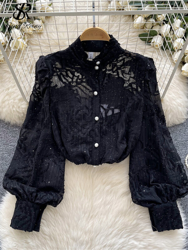 SINGREINY Elegáns Senior Blúz Női Álló Gallér Lámpás Ujj Gombok Vágott Elegáns Ingek Őszi hálós divatos felsők