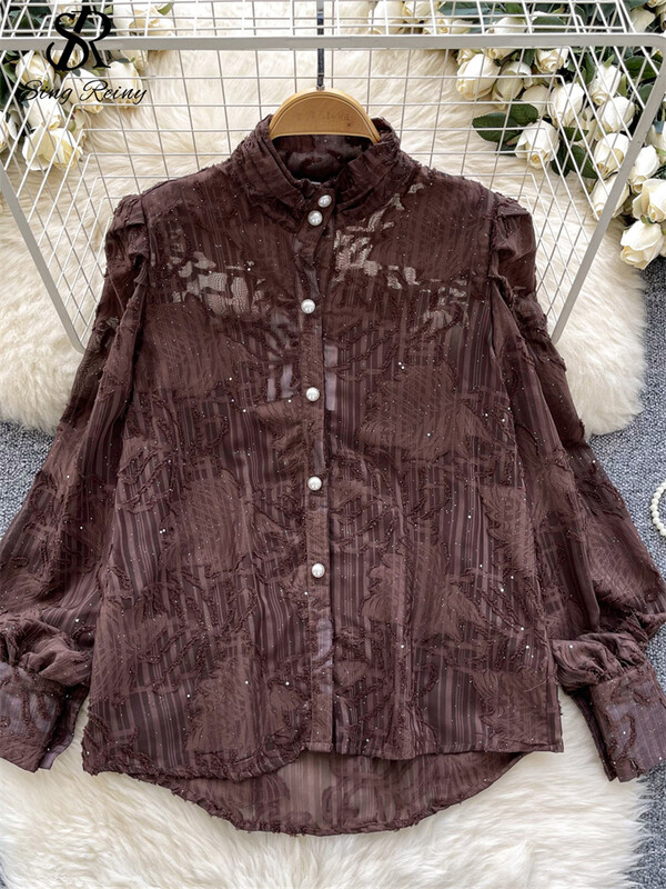 SINGREINY Elegáns Senior Blúz Női Álló Gallér Lámpás Ujj Gombok Vágott Elegáns Ingek Őszi hálós divatos felsők