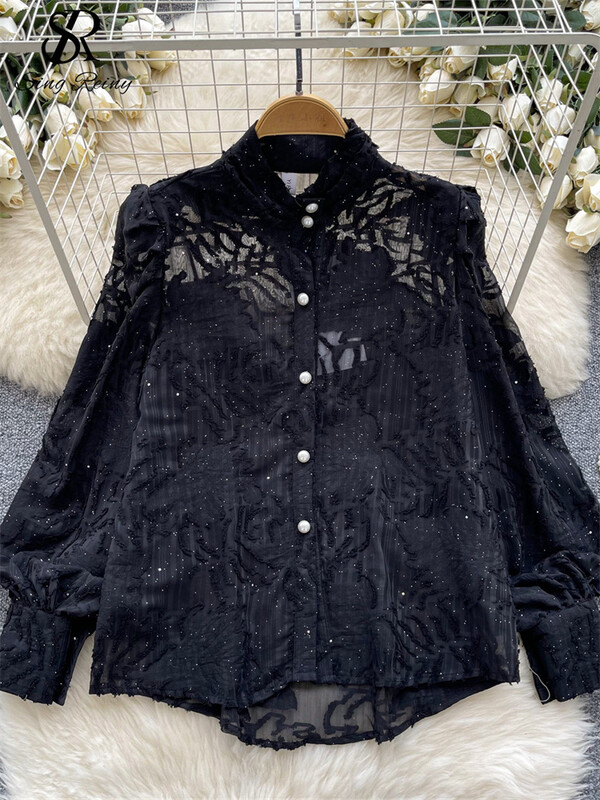 SINGREINY Elegáns Senior Blúz Női Álló Gallér Lámpás Ujj Gombok Vágott Elegáns Ingek Őszi hálós divatos felsők