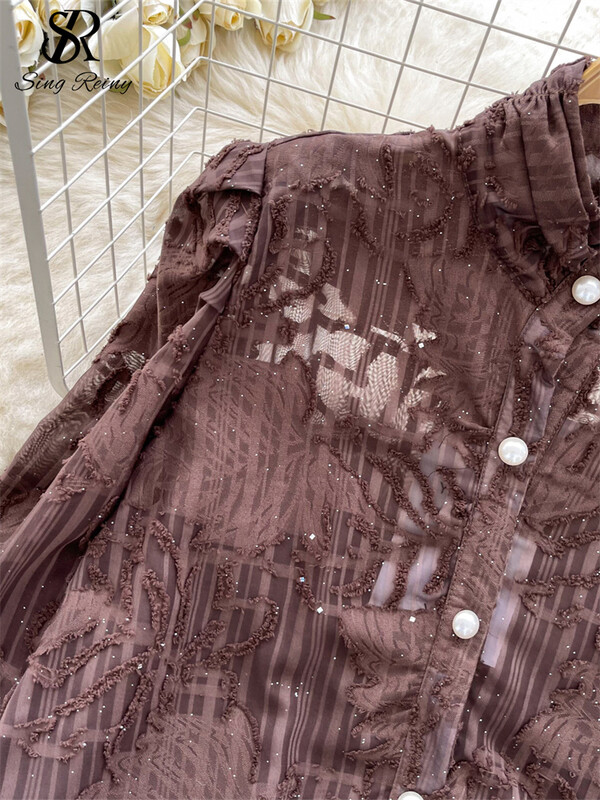 SINGREINY Elegáns Senior Blúz Női Álló Gallér Lámpás Ujj Gombok Vágott Elegáns Ingek Őszi hálós divatos felsők