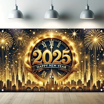 Πανό για πάρτι Happy New Year 2025 - Ζωντανή διακόσμηση από πολυεστέρα, κατάλληλη για εορτασμούς σε εξωτερικούς χώρους