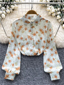 SINGREINY francia laza őszi blúz, női hajtóka nyakú, hosszú ujjú, egysoros ing divat, elegáns, alap virágmintás felsők