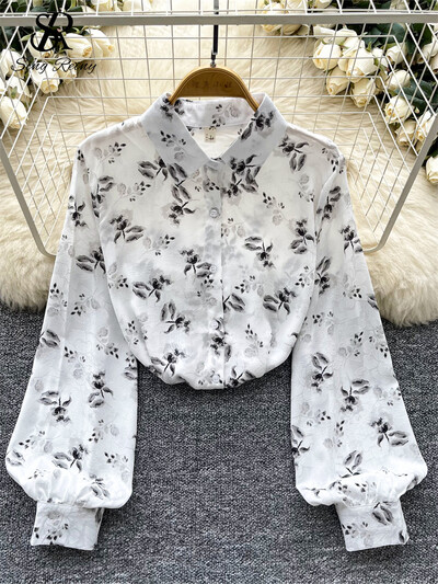 SINGREINY francia laza őszi blúz, női hajtóka nyakú, hosszú ujjú, egysoros ing divat, elegáns, alap virágmintás felsők