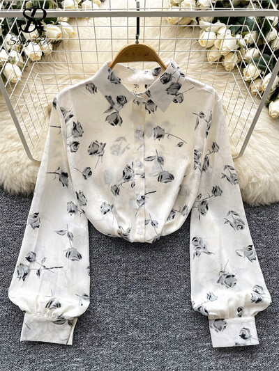 SINGREINY francia laza őszi blúz, női hajtóka nyakú, hosszú ujjú, egysoros ing divat, elegáns, alap virágmintás felsők