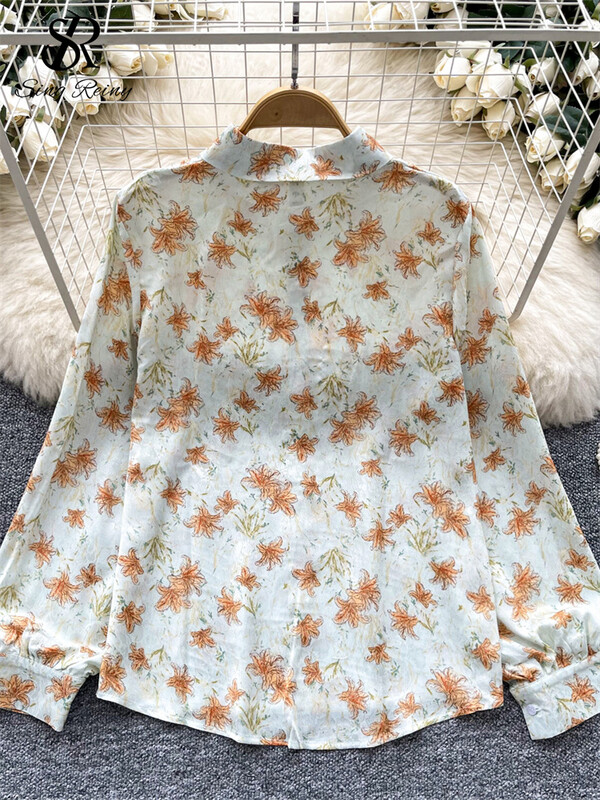 SINGREINY francia laza őszi blúz, női hajtóka nyakú, hosszú ujjú, egysoros ing divat, elegáns, alap virágmintás felsők