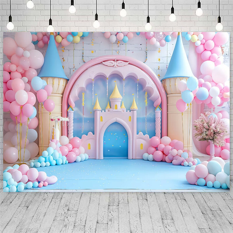 Παραμυθένιο φόντο κάστρου με μπαλόνια λουλουδιών - Πολυεστερικό φωτογραφικό φόντο για καρναβάλια και πάρτι