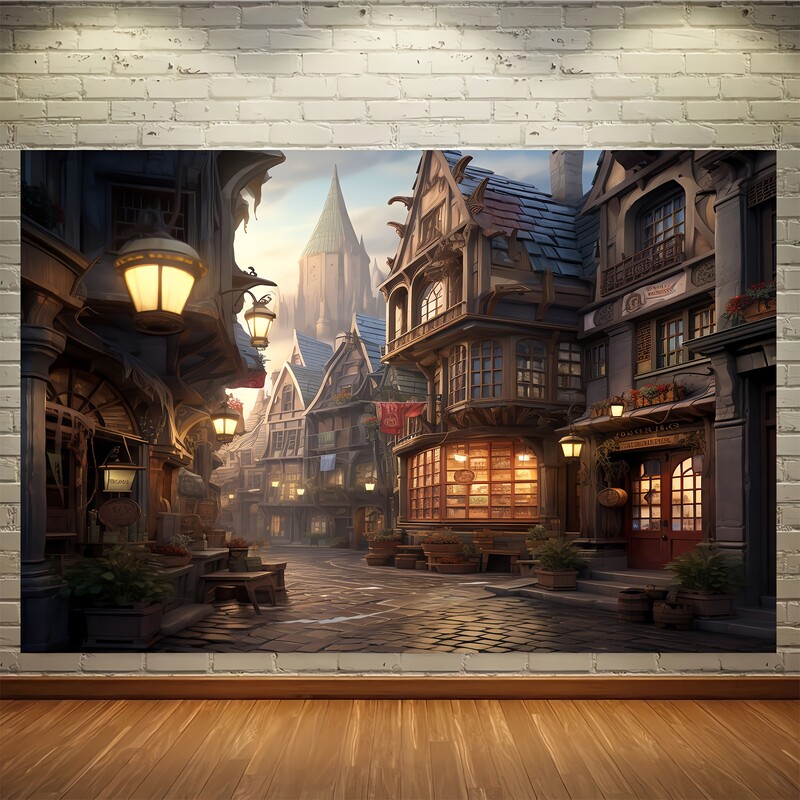 Fotó háttér Rajzfilm mese Castle Town Village Street háttér banner Fotófülke fotózás stúdió kellékek