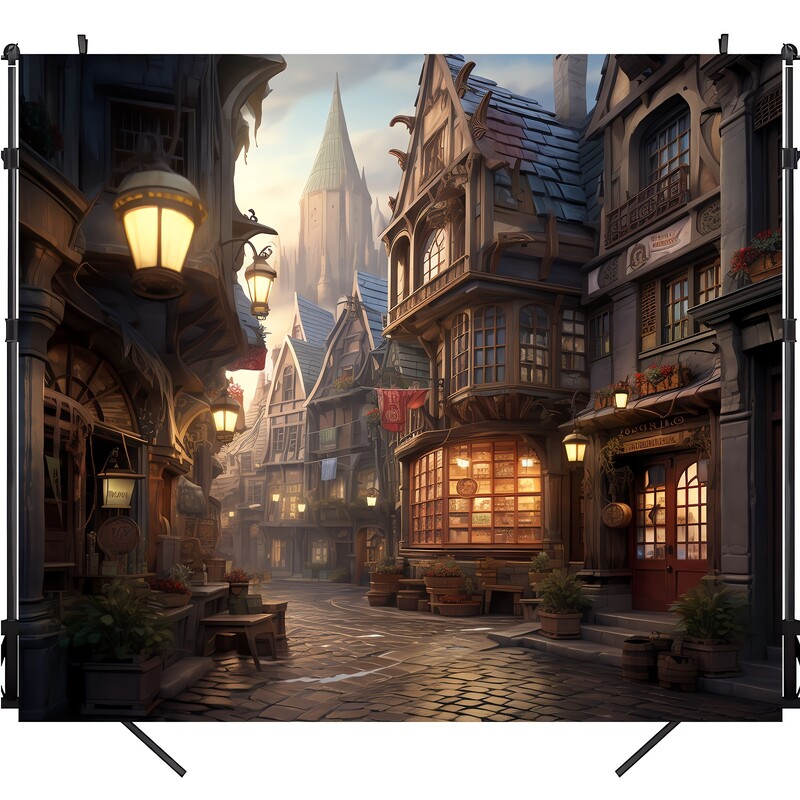 Fotó háttér Rajzfilm mese Castle Town Village Street háttér banner Fotófülke fotózás stúdió kellékek