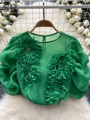 SINGREINY Gyémánt Senior Sifonblúzok Női 3D-s virágmintás francia stílusú felsők Női Utcai Ruha Alkalmi, Puffos ujjú ing