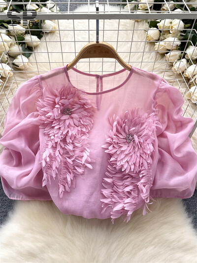 SINGREINY Gyémánt Senior Sifonblúzok Női 3D-s virágmintás francia stílusú felsők Női Utcai Ruha Alkalmi, Puffos ujjú ing