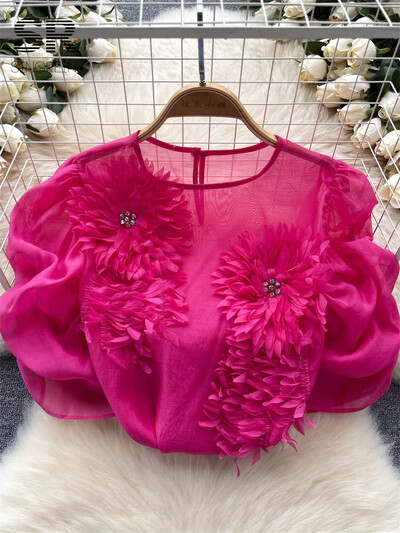 SINGREINY Gyémánt Senior Sifonblúzok Női 3D-s virágmintás francia stílusú felsők Női Utcai Ruha Alkalmi, Puffos ujjú ing