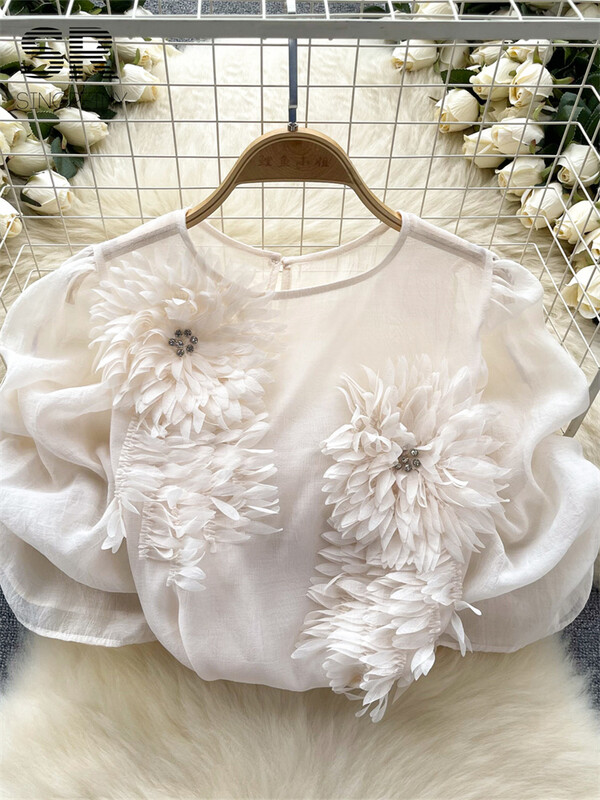 SINGREINY Gyémánt Senior Sifonblúzok Női 3D-s virágmintás francia stílusú felsők Női Utcai Ruha Alkalmi, Puffos ujjú ing