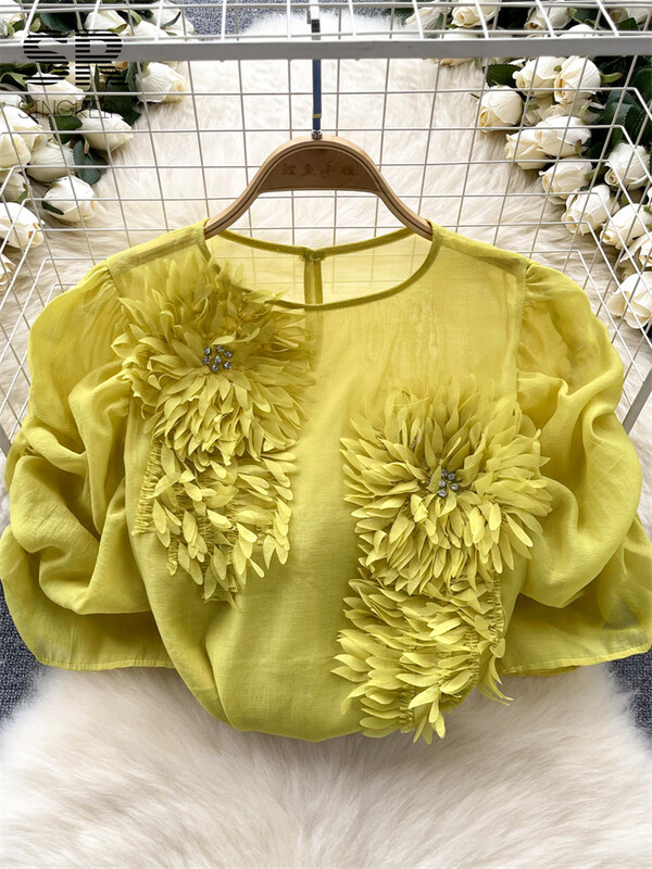 SINGREINY Gyémánt Senior Sifonblúzok Női 3D-s virágmintás francia stílusú felsők Női Utcai Ruha Alkalmi, Puffos ujjú ing