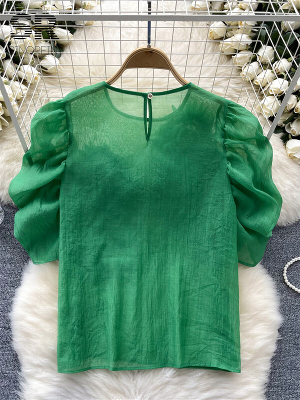 SINGREINY Gyémánt Senior Sifonblúzok Női 3D-s virágmintás francia stílusú felsők Női Utcai Ruha Alkalmi, Puffos ujjú ing