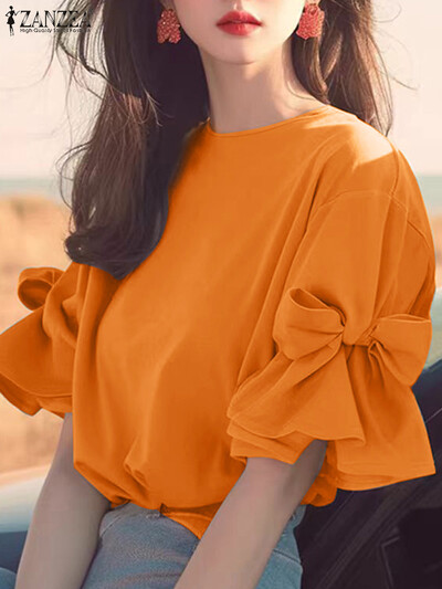 ZANZEA Vintage csokornyakkendő Patchwork sifonblúz női koreai fodros ing 2024 őszi elegáns lámpás rövid ujjú felsők tunika