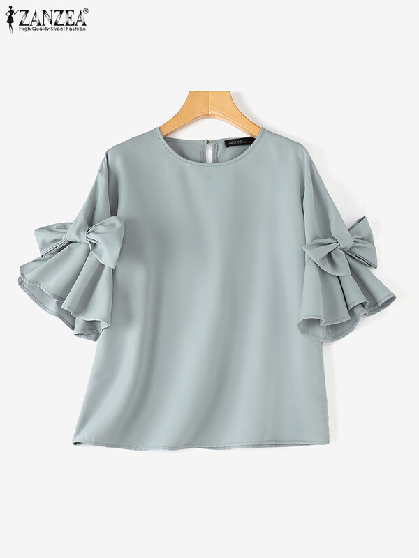 ZANZEA Vintage csokornyakkendő Patchwork sifonblúz női koreai fodros ing 2024 őszi elegáns lámpás rövid ujjú felsők tunika